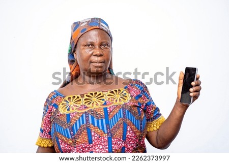 image of african mother holding smart phone in a white background