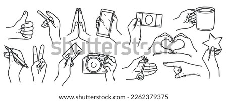Vector doodle set of woman hands holding cup, pen, money, key, bank card, smartphone and cigarette. Hand drawing fingers showing peace sign, thumb up, pointing gesture and praying position.