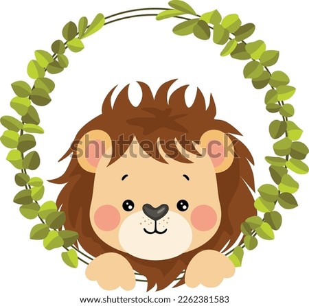 Cute lion peeking out of the frame of green leaves
