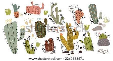 Vector set of colorful cactus plants in colored pots with outlines. Exotic and Tropical Plants - Cacti for design isolated on white background. Hand drawn cactus for design. Royalty-Free Stock Photo #2262383671