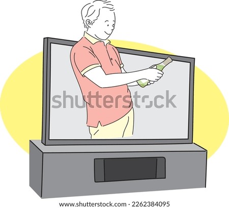 Illustration of a man holding a wine bottle jumping out of the TV screen