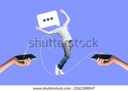 Creative collage photo of young headless sms man user email hold smartphone remote internet app chat communicate isolated on blue color background