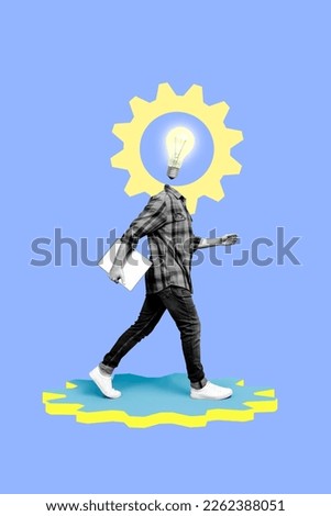 Vertical collage photo of young professional seo entrepreneur worker walk hold tablet headless gearwheel lightbulb eureka isolated on blue background Royalty-Free Stock Photo #2262388051