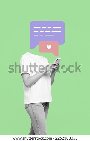 Vertical composite photo artwork collage of headless woman chatting application addiction smartphone advert isolated on green color background