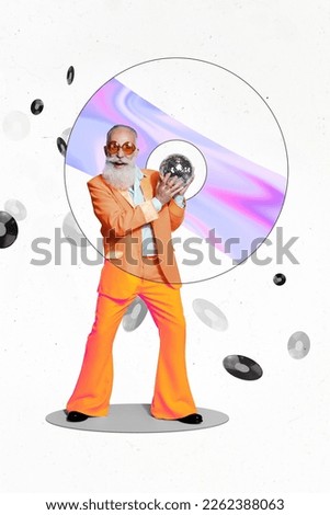 Vertical collage shake disco ball party event celebrate have fun pensioner man wear orange suit chill vinyl retro disk isolated on white background