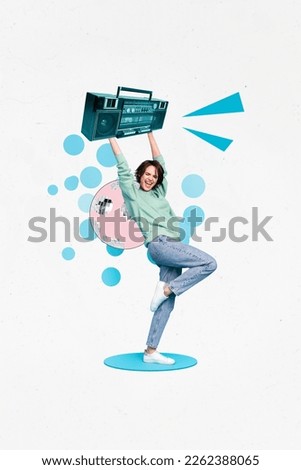 Collage photo of youngster carefree girl dancing hold discotheque cassette boombox have fun chill time vintage party isolated on white background