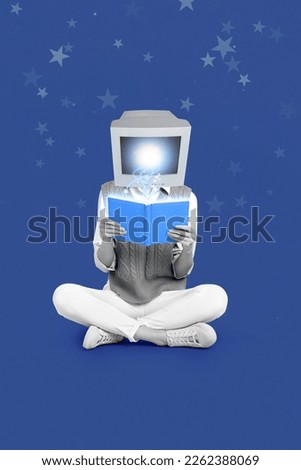 Vertical collage artwork photo of young headless smart programmer education sitting reading book literature lecture isolated on blue background