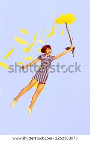 Vertical creative collage of young girl flying catch yellow daisy flower petals lightness carefree enjoy beautiful gift isolated on blue background