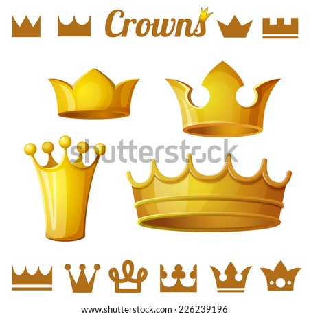 Set 2 of royal gold crowns isolated on white. Vector illustration.
