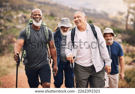 Hiking, smile and group of old men on mountain for fitness, trekking and backpacking adventure. Explorer, discovery and expedition with senior friends walking for health, retirement and journey