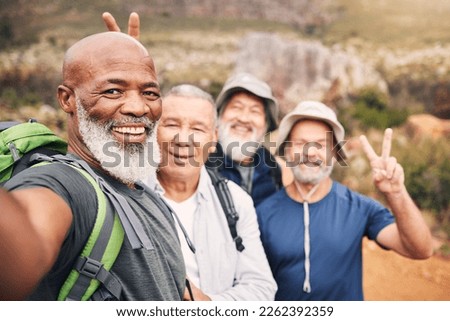 Selfie, hiking and friends portrait with peace sign while taking pictures for happy memory in nature. V gesture, face exercise and group of senior men laughing while taking photo for social media.