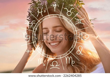 Beautiful young woman with wreath outdoors and zodiac wheel illustration