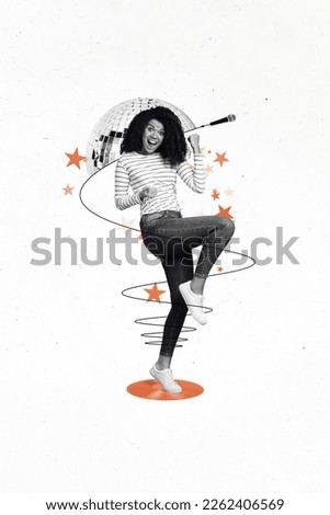 Vertical collage of youngster carefree lady dance fists up singer cable microphone disco ball retro party invitation isolated on white background