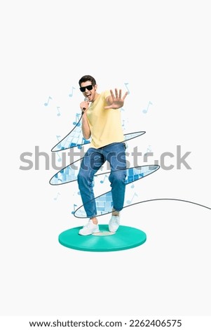 Vertical composite collage photo of youngster cool celebrity man wear sunglasses singing song music lover talent show isolated on white background