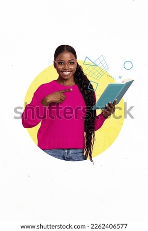 Photo collage artwork creative design advertisement of young cheerful attractive girl point finger book knowledge isolated on white background
