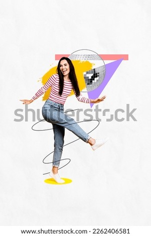 Vertical photo collage of youngster carefree dancing overjoyed lady dancing have fun music lover disco ball event party isolated on white background
