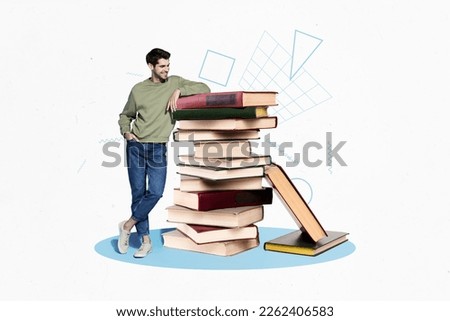 Composite photo minimal design collage bookstore geek guy student stay near stack much books literature enjoy reading isolated on white background