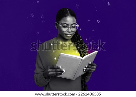 Creative artwork photo collage of young academic interested girl reading book fairy tale literature imagination novel isolated on blue background