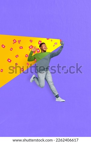 Vertical collage picture of excited overjoyed guy jumping hold smart phone make selfie arm waving receive like notification