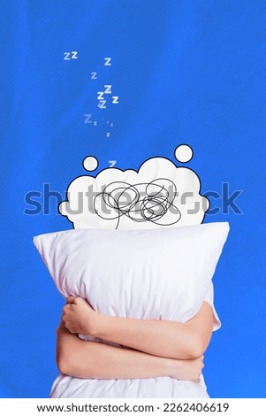 Vertical collage image of headless sleeping person arms hold white pillow isolated on blue background Royalty-Free Stock Photo #2262406619