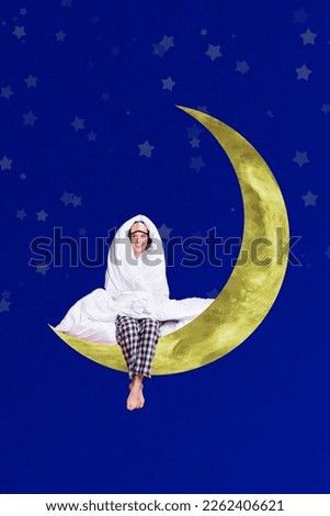 Vertical collage picture of mini positive girl covered comfort blanket sit moon isolated on night sky blue background