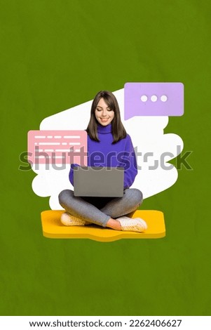 Vertical collage image of positive girl use netbook chatting communicate isolated on painted background