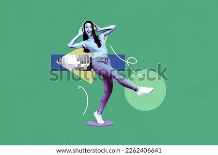 Collage picture of positive cool black white effect girl listen music headphones dancing isolated on painted green background