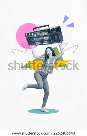 Vertical collage image of black white effect cheerful girl arms hold big boombox dancing isolated on drawing background