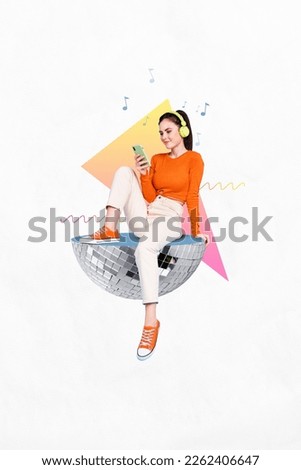 Vertical collage portrait of positive mini girl sitting half big disco ball use telephone listen music headphones