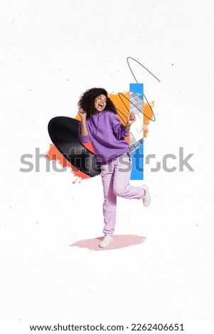 Vertical collage image of cheerful mini girl have fun dancing partying big vinyl record disco ball isolated on painted background