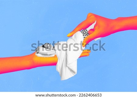 Composite collage picture of huge arms fingers hold protect mini sleeping girl cover blanket isolated on blue background