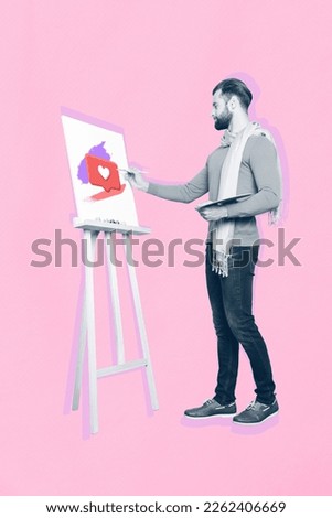 Vertical collage illustration of black white colors guy hold tassel paint like notification canvas isolated on pink background
