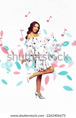 Vertical collage artwork image of positive pretty girl enjoy chilling dancing drawing melody symbol isolated on painted background