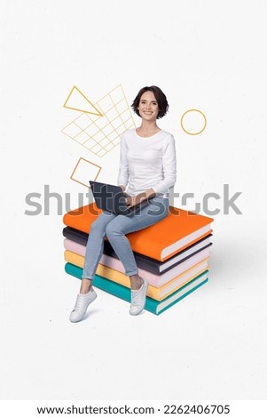 Vertical collage picture of mini positive girl sit huge pile stack book use netbook drawing geometric figures
