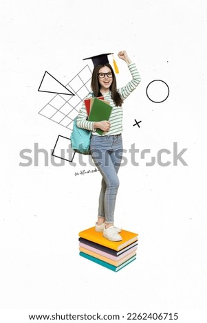 Vertical collage image of delighted mini girl stand pile stack book raise fist accomplishment mortarboard graduation hat