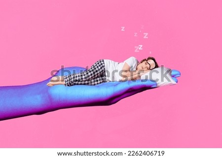 Creative collage illustration of big human arm palm hold sleeping peaceful girl isolated on pink background
