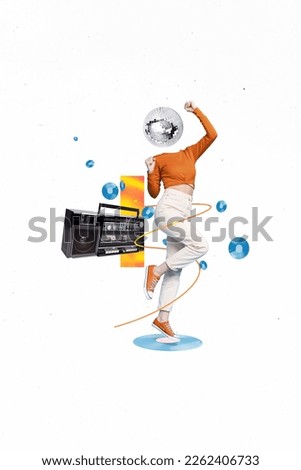 Vertical collage image of dancing girl disco ball instead head retro boombox vinyl record music isolated on drawing background