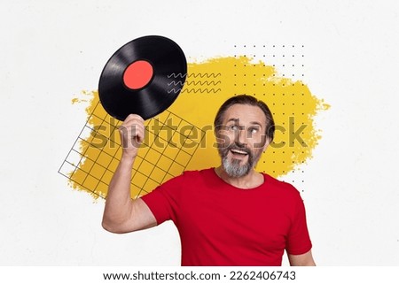 Creative photo collage of mature aged music lover man wear red t-shirt nostalgia hold old school retro vinyl record isolated on white background