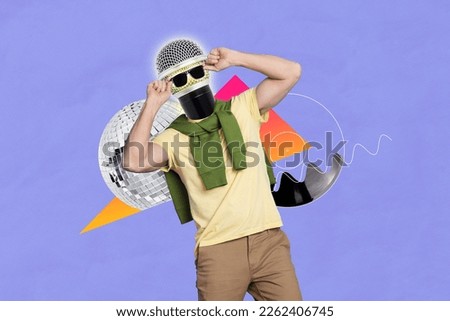 Creative retro 3d magazine collage image of cool absurd guy mic instead head isolated painting background