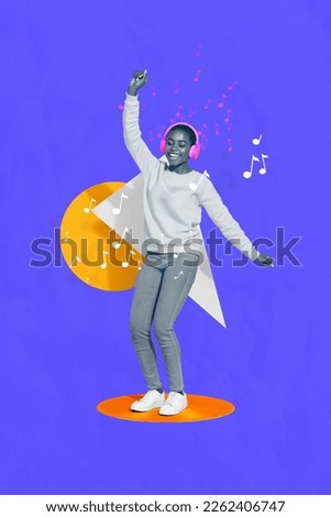 Creative abstract template graphics collage image of happy guy lady having fun listening songs isolated drawing background