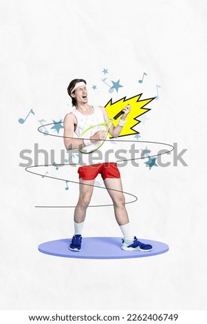 Vertical collage picture of overjoyed sportive guy hands hold play tennis racquet instead guitar isolated on drawing background