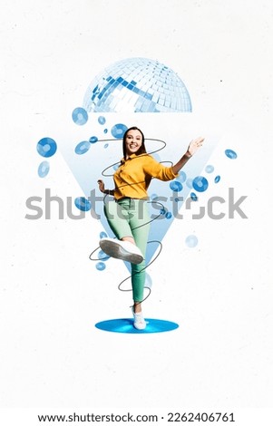 Composite artwork photo collage of youngster careless girl dancing have fun chilling listen music retro disco ball vibe isolated on white background