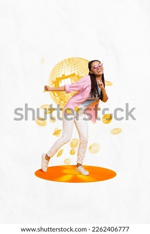 Composite collage photo of youngster girl wear hipster outfit have fun wear sunglasses disco ball retro party isolated on white color background