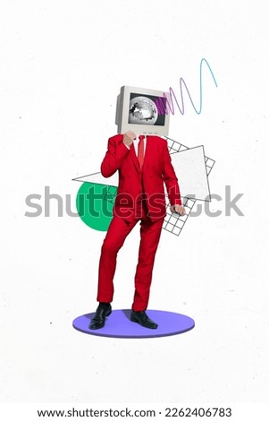 Creative 3d photo artwork collage painting of guy vintage computer instead of head enjoying party isolated drawing background