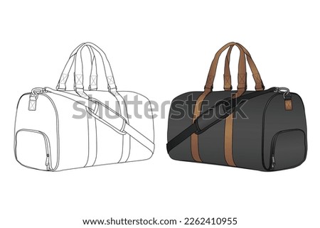 Travel Duffle Bag, Vector Illustration, Bag Outline Template, Fashion Flats Sketch, Duffel Bag for Camping Gym Weekender Bag, Vector Clip Art Template