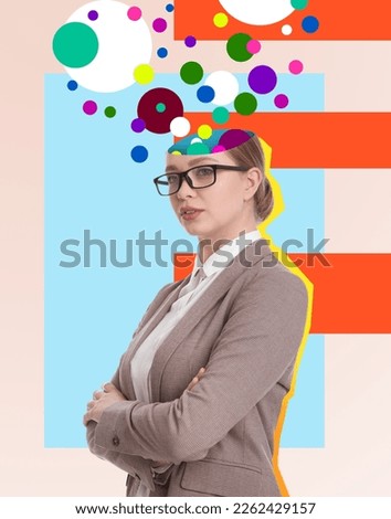 Bright artwork. Creating new ideas Woman with many colorful circles flying from head on colorful background