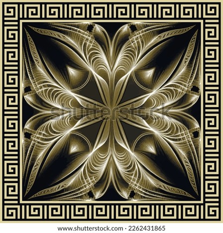 Abstract floral 3d fractal seamless pattern with square greek frame. Modern ornamental vector background. Gold lines fractals ornament. Beautiful trendy design. Ornate texture. Greek key meanders. Royalty-Free Stock Photo #2262431865