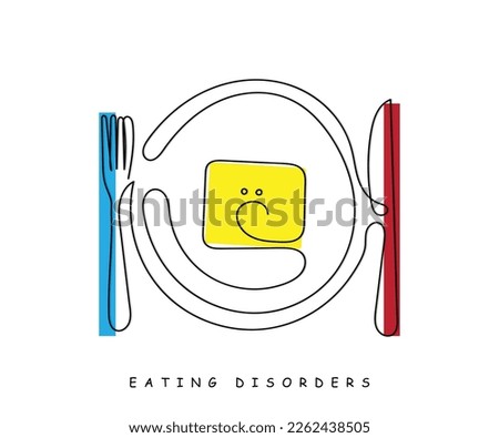 Line art vector of an empty plate with sad face sticker on it. Eating disorder Awareness. Royalty-Free Stock Photo #2262438505