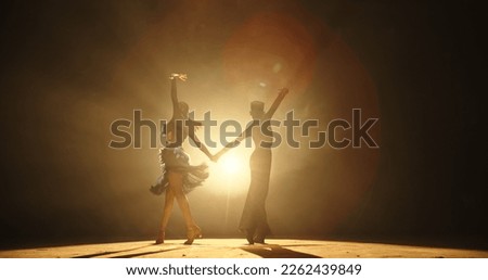 Two little asian ballroom dancers performing some latin dance. Young talented choreographers showing art - childhood dream, childhood memories concept  Royalty-Free Stock Photo #2262439849