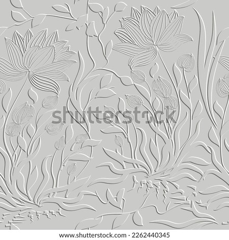 Lotus. 3d embossed lines floral seamless pattern. Textured lotus flowers relief background. Repeat emboss plants backdrop. Surface leaves, flowers. 3d line art flowers ornament with embossing effect.  Royalty-Free Stock Photo #2262440345
